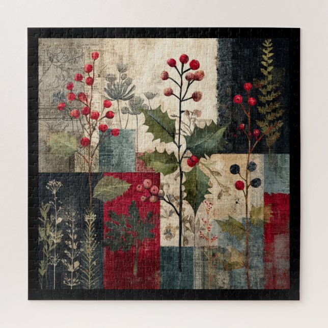 Ein rustikales Winter-Patchwork mit Stechpalmenbee Puzzle (Vertikal)