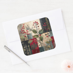 Ein rustikales Winter-Patchwork mit Stechpalmenbee Quadratischer Aufkleber