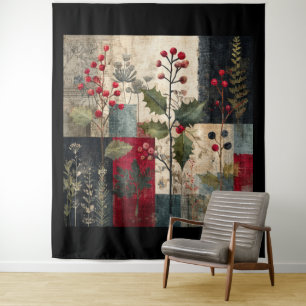 Ein rustikales Winter-Patchwork mit Stechpalmenbee Wandteppich