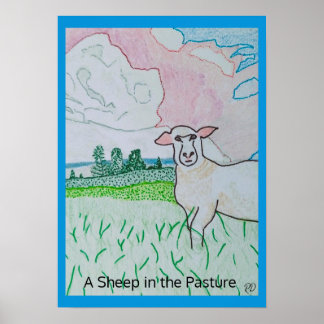 Ein Schaf in der Weide dicken blauen Grenze Poster