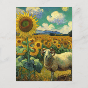 Ein Schaf mit Hörnern im Sonnenblumenfeld Van Gogh Postkarte