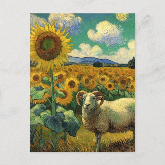 Ein Schaf mit Hörnern im Sonnenblumenfeld Van Gogh Postkarte (Vorderseite)