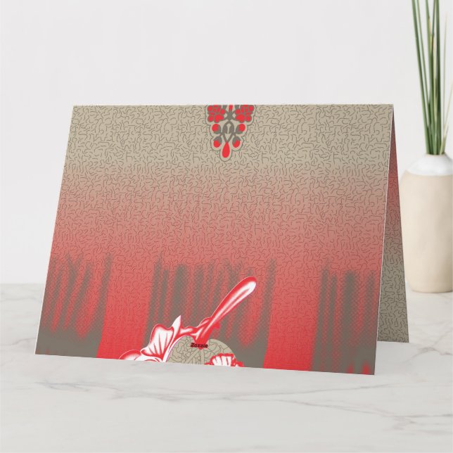 ein Schal in Rot und Beige mit einem Foto einer Fr Dankeskarte (Rückseite)