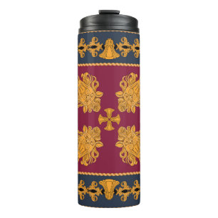 Ein Schal mit einem Muster aus goldenen Löwenköp Thermosbecher