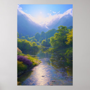 Ein Schieferfluss im Herzen eines grünen Waldes Poster