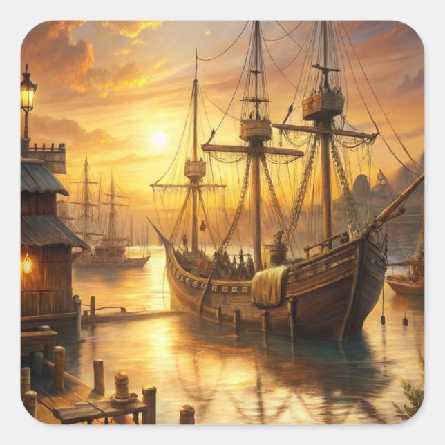 Ein Schiff an den Docks Quadratischer Aufkleber (Vorderseite)