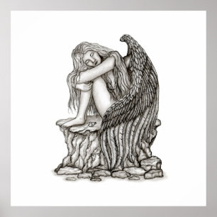 Ein schlafender Engel auf dem Stein Poster