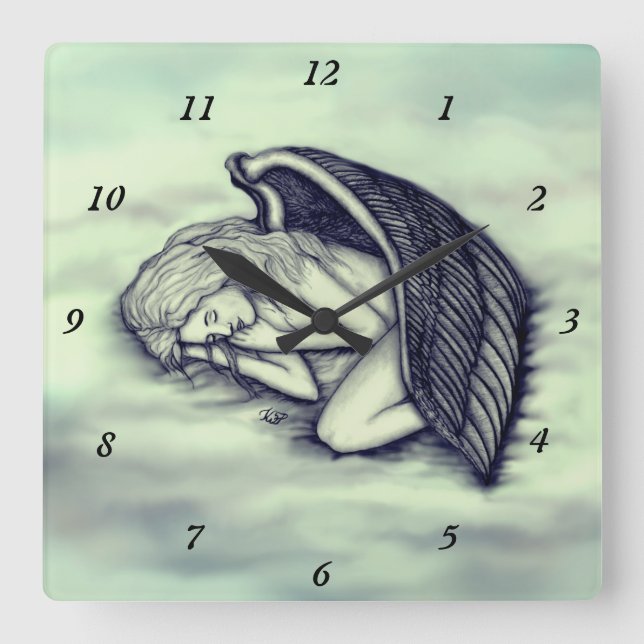 Ein schlafender Engel auf den Himmelswolken in Grü Quadratische Wanduhr (Vorderseite)