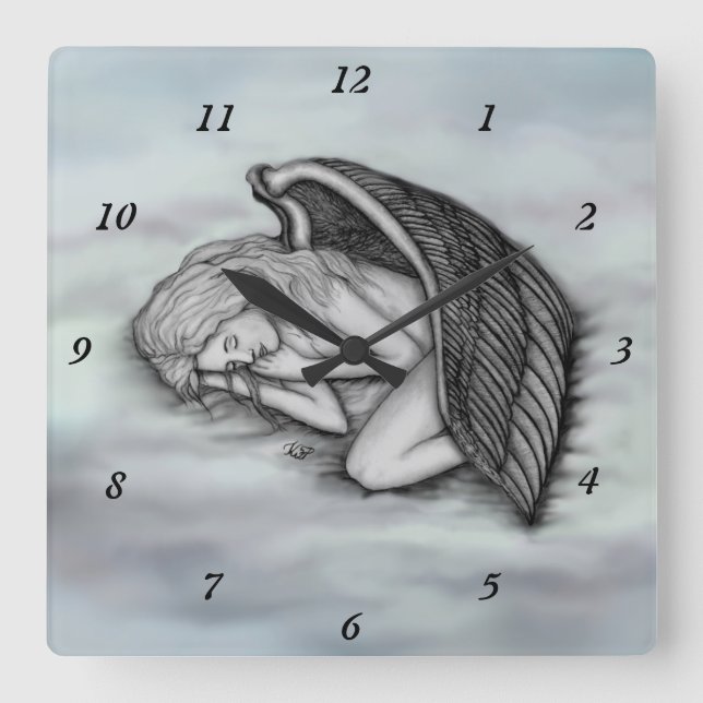 Ein schlafender Engel auf den Himmelswolken Quadratische Wanduhr (Vorderseite)