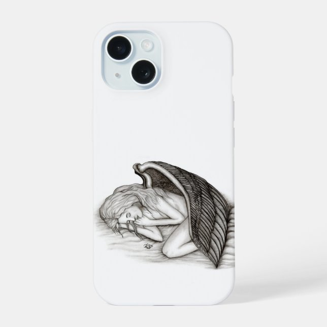 Ein schlafender Engel , schwarz-weiß Design iPhone 15 Hülle (Rückseite)