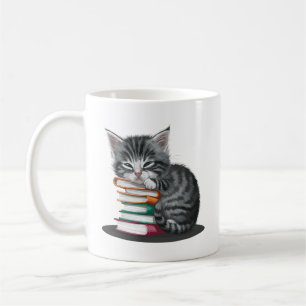 Ein schläfriges Kätzchen kuschelte sich mit einem  Kaffeetasse