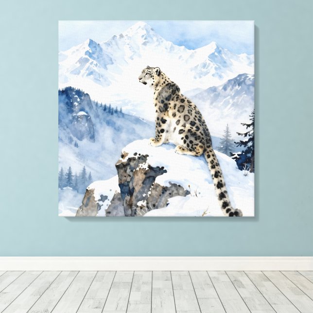 Ein Schneeleopard auf schneebedecktem Gipfel Leinwanddruck (Insitu (Holzboden))