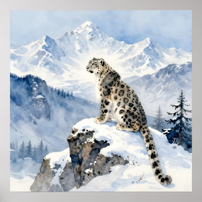 Ein Schneeleopard auf schneebedecktem Gipfel Poster (Vorne)