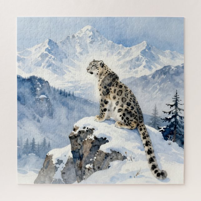 Ein Schneeleopard auf schneebedecktem Gipfel Puzzle (Vertikal)