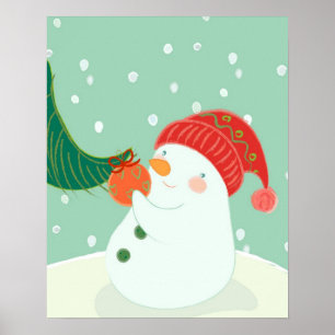 Ein Schneemann, der eine Verzierung auf einem Baum Poster