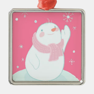 Ein Schneemann, der für eine fallende Schneeflock Silbernes Ornament