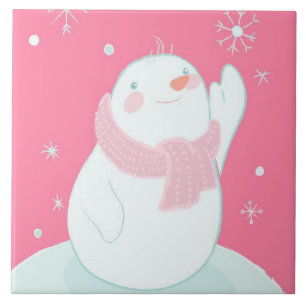 Ein Schneemann, der für eine fallende Schneeflocke Fliese