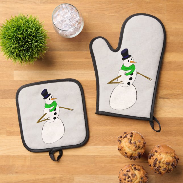ein Schneemann Ofenhandschuh & Topflappen-Set (Oben Unten)
