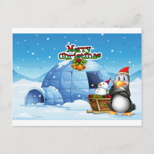 Ein Schneemann und ein Pinguin vor dem Iglu Postkarte