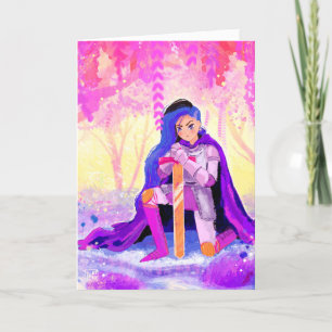 Ein schöner Ritter mit blauem Haar auf der Postkar Feiertagskarte