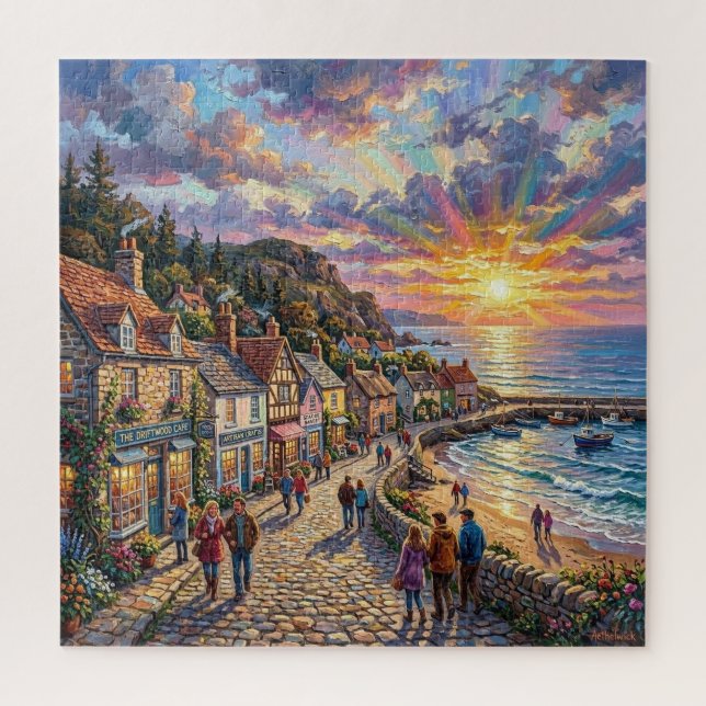 Ein schöner Stranddorfboulevard bei Sonnenuntergan Puzzle (Vertikal)
