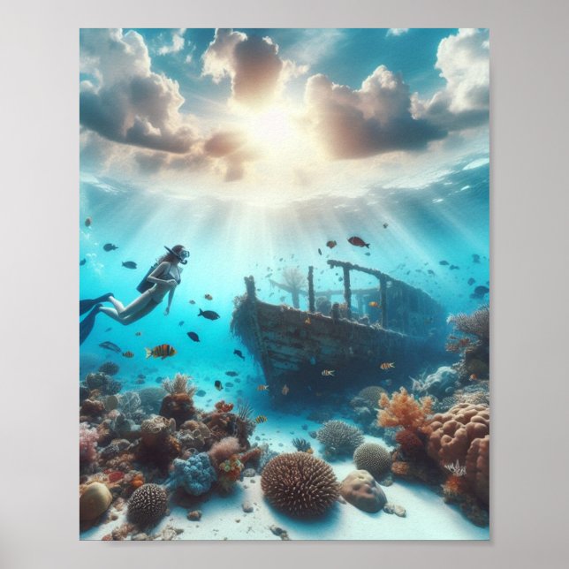 Ein schöner Taucher beobachtet ein Schiffswrack Poster (Vorne)