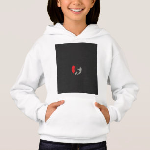 ein schwarz-rotes Logo mit einer Person in der Mit Hoodie