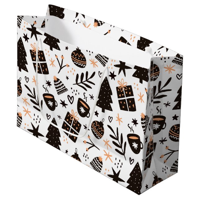 Ein Schwarz-Weiß-Weihnachtsmuster Große Geschenktüte (Vorderseite Schrägansicht)