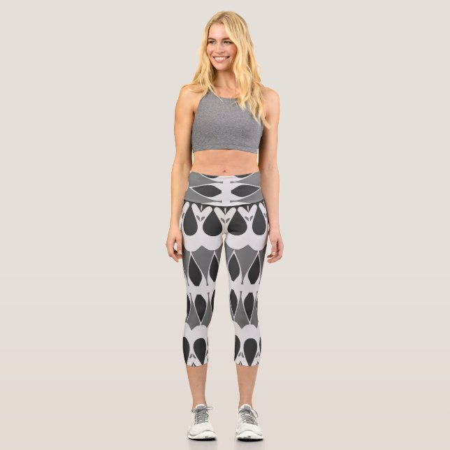 Ein schwarz-weißes trendiges Stoffmuster Design Ca Capri Leggings (Vorderseite)