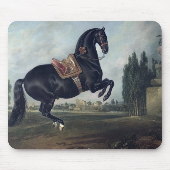 Ein schwarzes Pferd darstellend das Courbette Mousepad (Vorne)