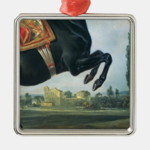 Ein schwarzes Pferd darstellend das Courbette Silbernes Ornament