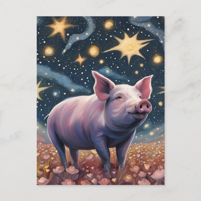 Ein Schwein auf der Starry Night Postkarte (Vorderseite)