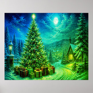 Ein sehr grün+blauer Weihnachtsbaum neben der Stra Poster