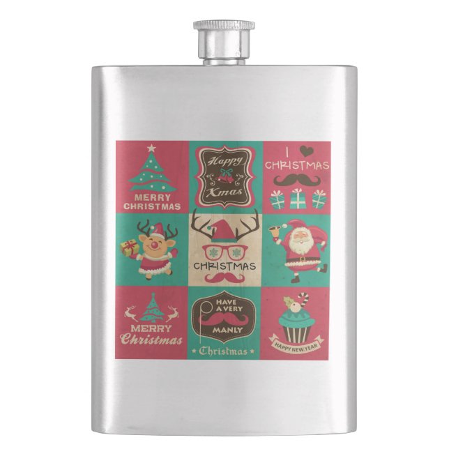 Ein sehr manches Weihnachts-Mustache-Collage Flachmann (Vorderseite)
