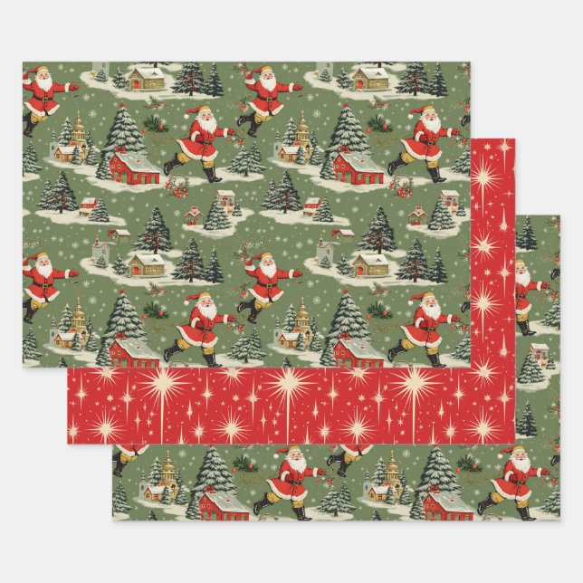 Ein sehr retro fröhlicher und heller Weihnachtsman Geschenkpapier Set (Set)