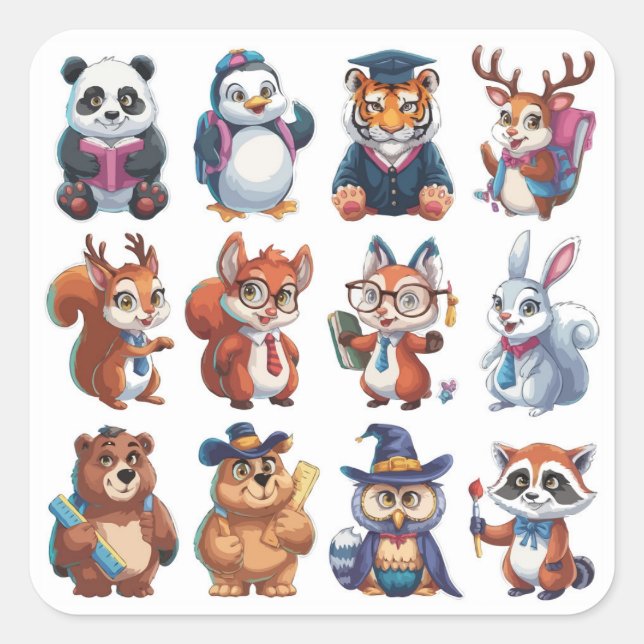 Ein Set von 12 Jahren zurück ins Süße Tier der Sch Quadratischer Aufkleber (Vorderseite)