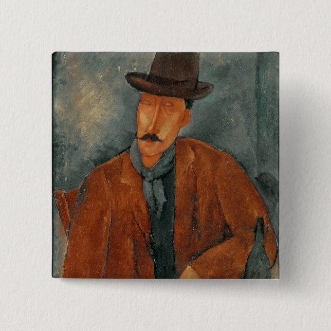 Ein Sitzmann, der auf einer Tabelle sich lehnt Button (Vorderseite)