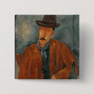 Ein Sitzmann, der auf einer Tabelle sich lehnt Button