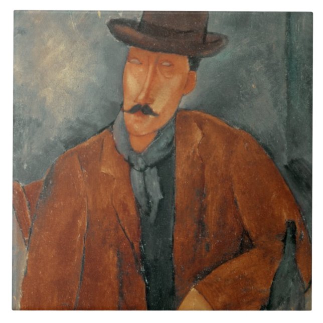 Ein Sitzmann, der auf einer Tabelle sich lehnt Fliese (Vorderseite)