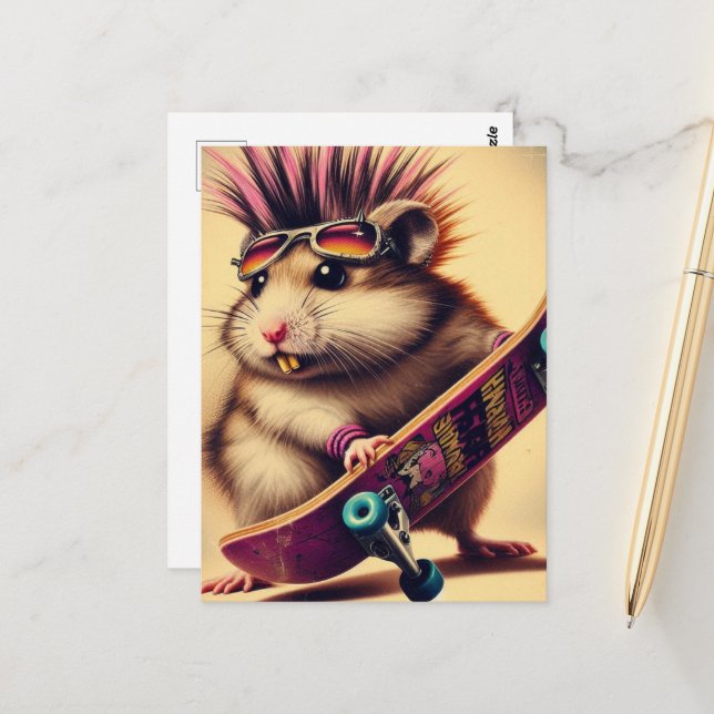 Ein Skateboarding Punk Hamster Retro Postkarte (Vorderseite/Rückseite Beispiel)