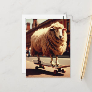 Ein Skateboarding White Sheep Retro Foto Postkarte