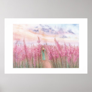 Ein Spaziergang auf einem rosa Blumenfeld Poster