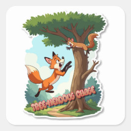Ein spielender Fuchs, der ein Eichhörnchen jagt Quadratischer Aufkleber