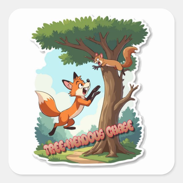 Ein spielender Fuchs, der ein Eichhörnchen jagt Quadratischer Aufkleber (Vorderseite)