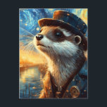 Ein Steampunker in der frühen Nacht Postkarte<br><div class="desc">Die künstlerische Intelligenz eines Otters in einer sternenstarken Nachtstadt entlang eines Flusses mit einem Steampunkhut und einem Anzug</div>