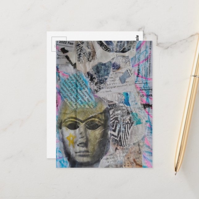 Ein steinernes Gesicht Abstracter Mixed-Media-Coll Postkarte (Vorderseite/Rückseite Beispiel)