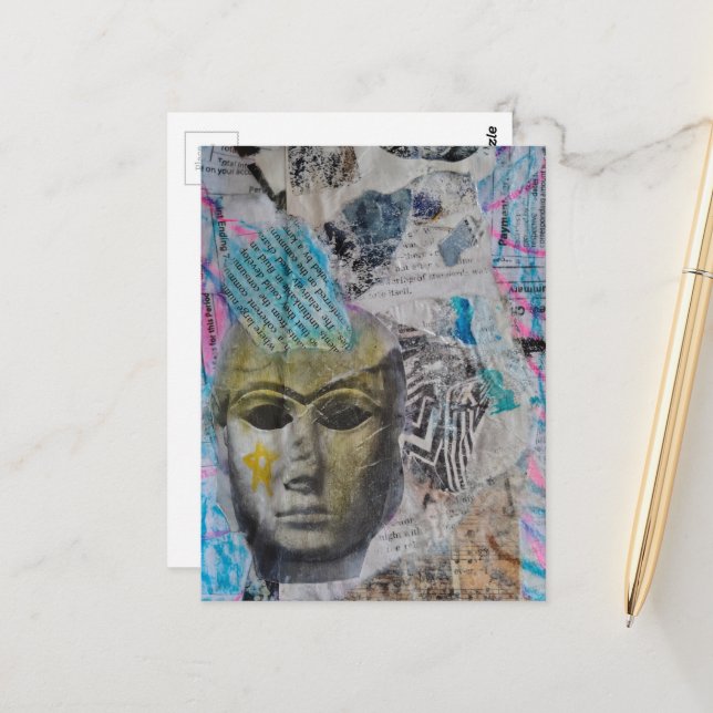 Ein steinernes Gesicht Abstracter Mixed-Media-Coll Postkarte (Vorderseite/Rückseite Beispiel)
