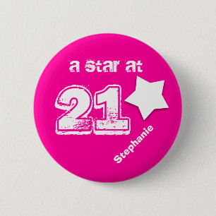 Ein Stern bei 21 Name-Geburtstag V07 ROSA WEISS Button