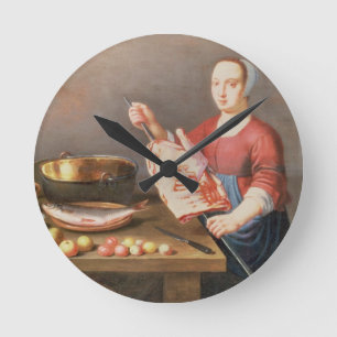 Ein Stillleben des Fleisches und der Fische mit Runde Wanduhr
