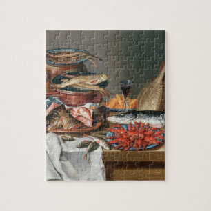 Ein Stillleben von ein Fisch-, Forelle-und Puzzle